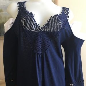 WHBM cold shoulder knit tunic top. Beautiful blue. Like new. Sz S